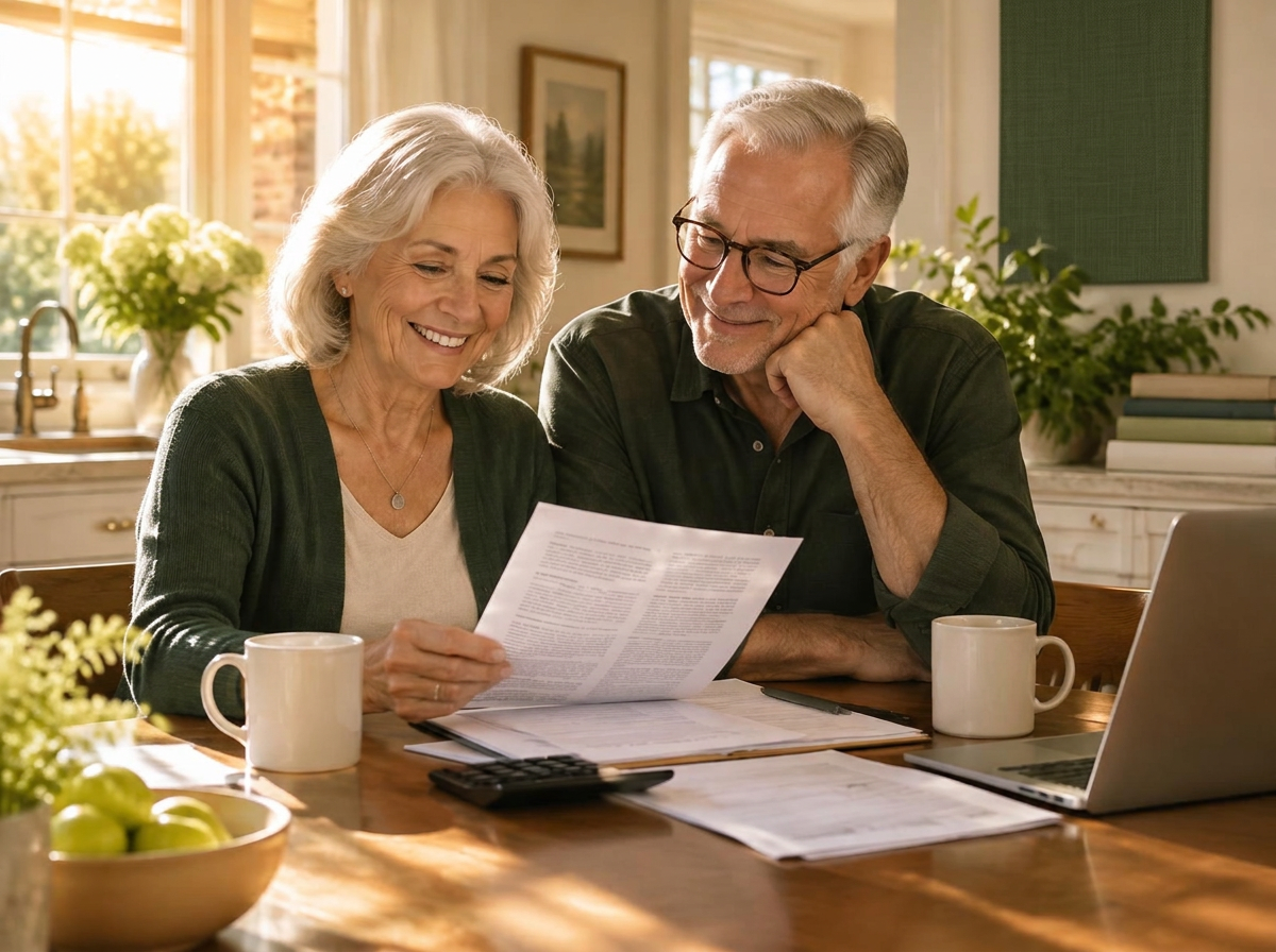 A retired couple smiling as they review their paperwork at the kitchen table